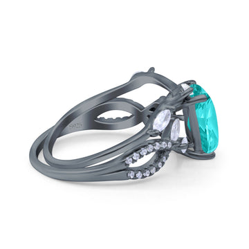 Two Piece Art Deco Emerald Cut Wedding Bridal Ring Black Tone, Simulated Paraiba Tourmaline CZ 925 Sterling Silver